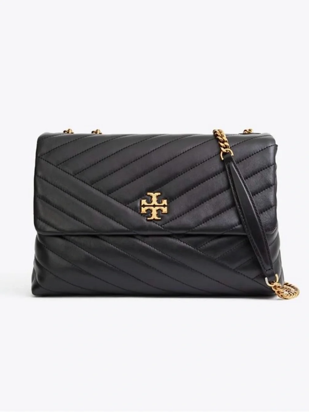 Tory Burch Black Quilted Leather Shoulder Bag with Gold Logo Chain